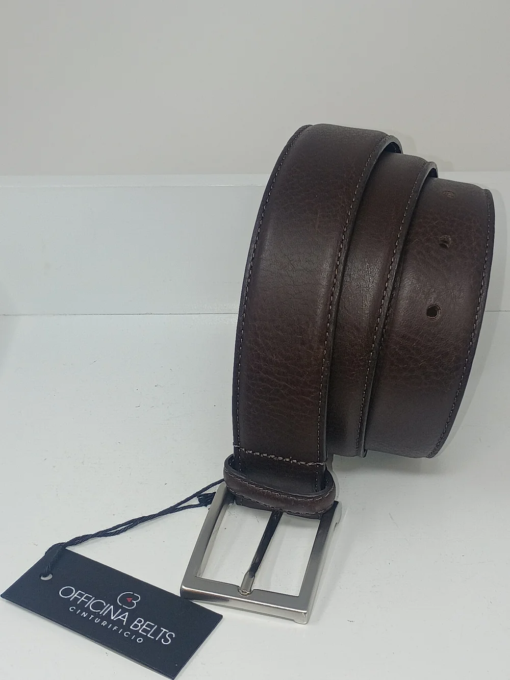 Men's Italian Officina, Brown Genuine Leather Belt with Silver Buckle